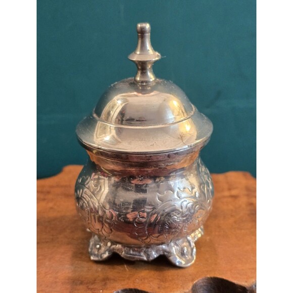 Vintage Miniature Tea Set Engraved Silverplate Sugar Bowl 3.75" H 2.25" Dia - Picture 3 of 7